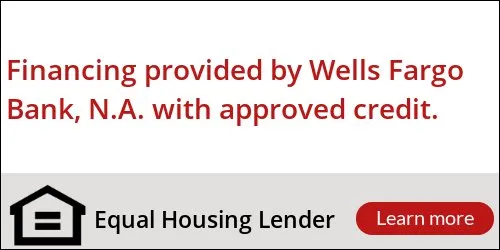 Image with text "financing provided by Wells Fargo Bank, N.A. with approved credit", an equal housing lender logo, and a button with the text "learn more."